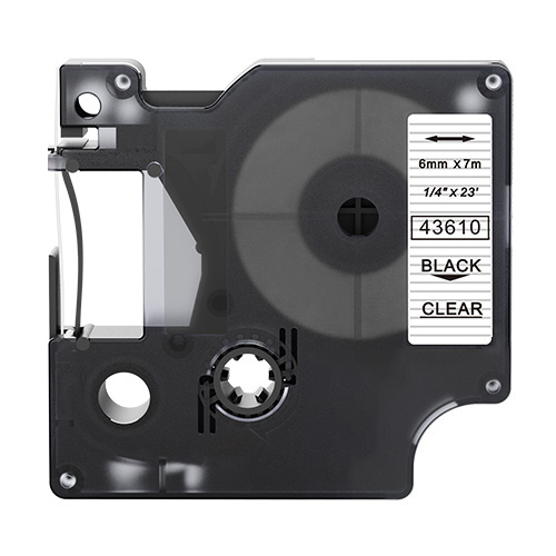 Cinta de letras compatible con Dymo 43610, color negro sobre fondo transparente, 6 mm.