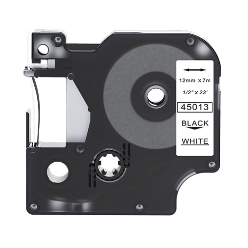 Cinta adhesiva compatible con Dymo 45013, color negro sobre blanco, 12 mm.