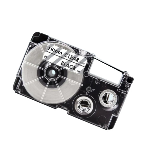 Cinta de etiquetas compatible con Casio XR-18X, color negro sobre fondo transparente, 18 mm.
