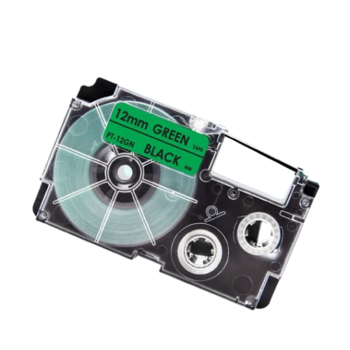 Cinta de etiquetas compatible con Casio XR-12GN, color negro sobre fondo verde, 12 mm.