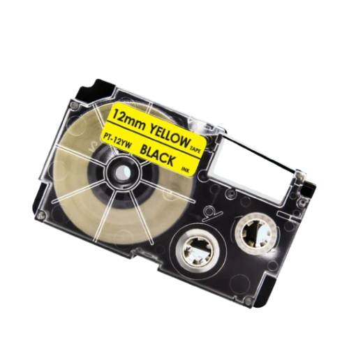 Cinta de etiquetas compatible con Casio XR-12YW, color negro sobre amarillo, 12 mm